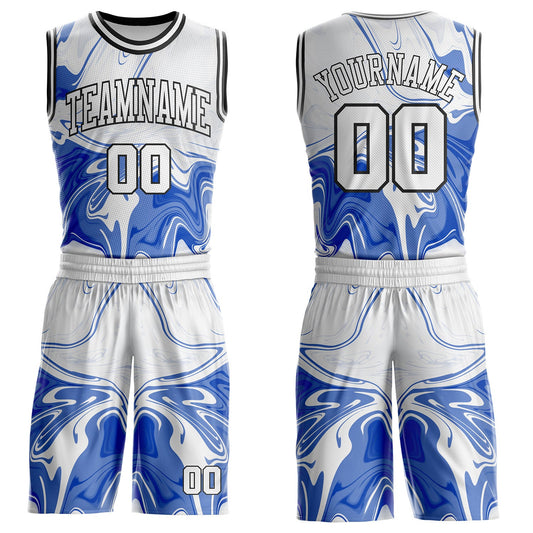 Custom Thunder Blue White-Black Marble Swirl Liquid Fluid Round Neck Sublimation Basketball Uniform Jersey - Main View