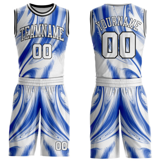 Custom Thunder Blue White-Black Marble Swirl Liquid Fluid Round Neck Sublimation Basketball Uniform Jersey - Main View