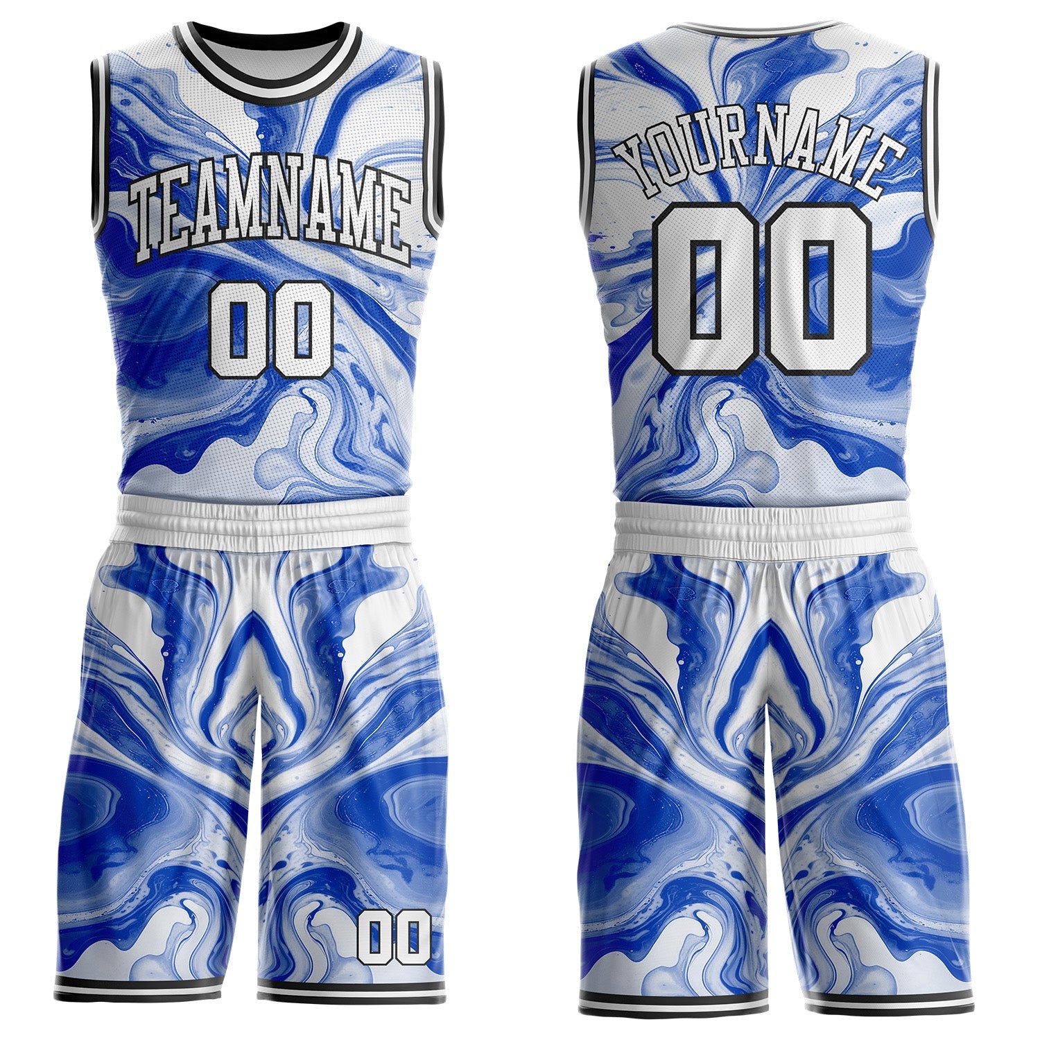 Custom Thunder Blue White-Black Marble Swirl Liquid Fluid Round Neck Sublimation Basketball Uniform Jersey - Main View