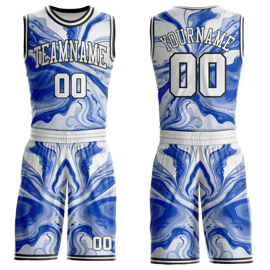 Custom Thunder Blue White-Black Marble Swirl Liquid Fluid Round Neck Sublimation Basketball Uniform Jersey - Main View