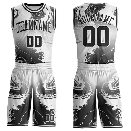 Custom Gray Black-White Marble Swirl Liquid Fluid Round Neck Sublimation Basketball Uniform Jersey - Main View