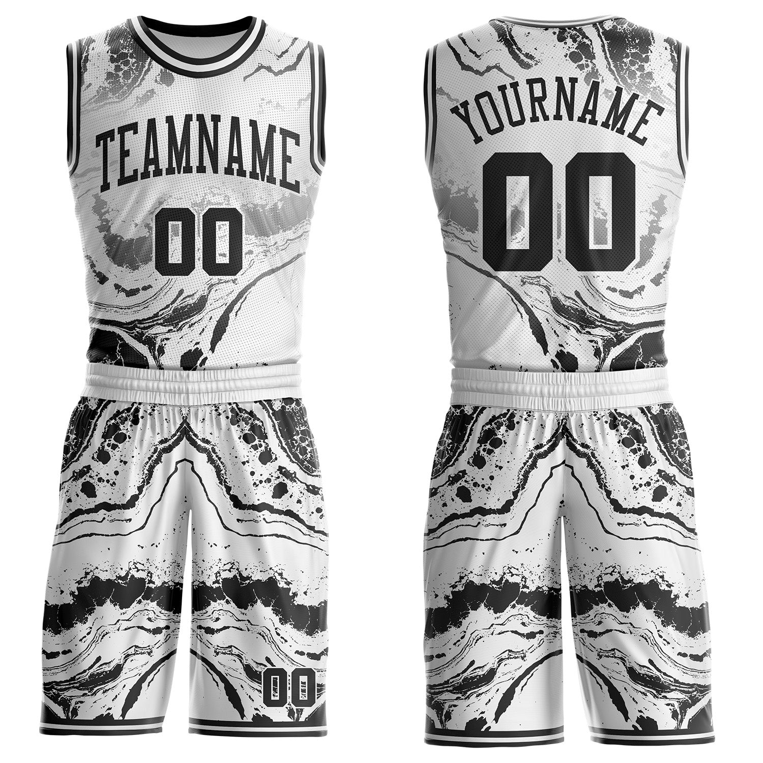 Custom White Black-Gray Marble Swirl Liquid Fluid Round Neck Sublimation Basketball Uniform Jersey - Main View