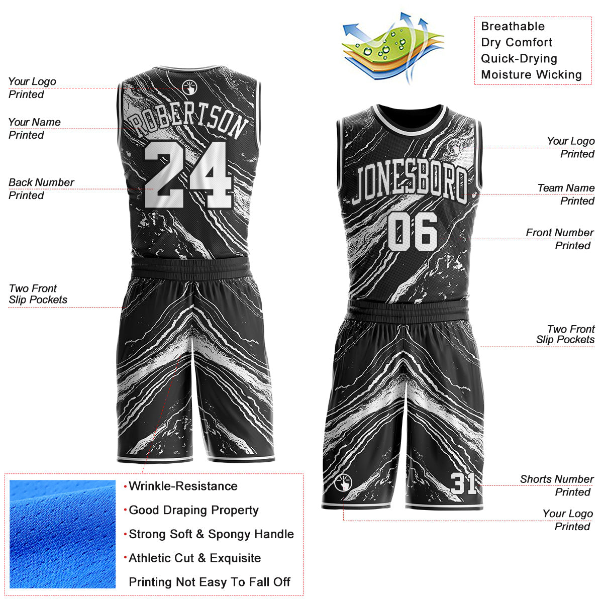 Custom Black-White Marble Swirl Liquid Fluid Round Neck Sublimation Basketball Uniform Jersey view 2