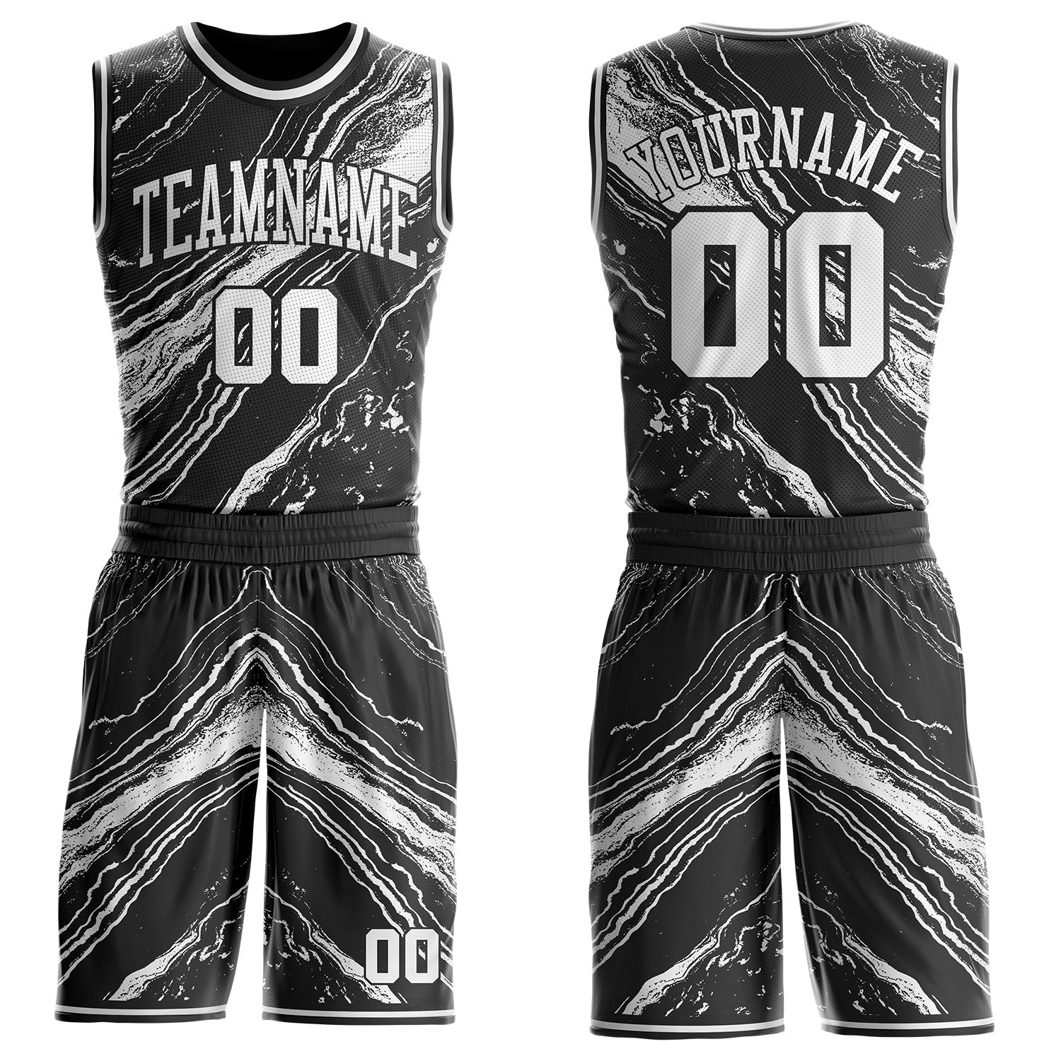 Custom Black-White Marble Swirl Liquid Fluid Round Neck Sublimation Basketball Uniform Jersey - Main View