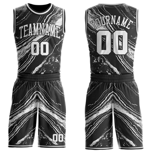 Custom Black-White Marble Swirl Liquid Fluid Round Neck Sublimation Basketball Uniform Jersey - Main View