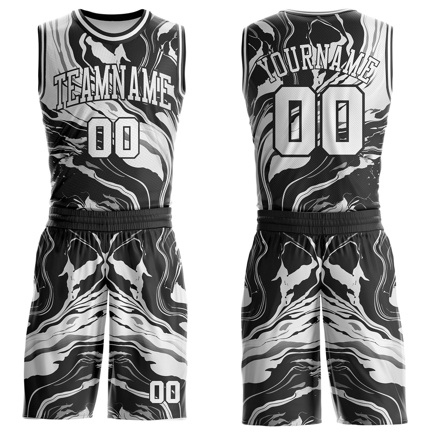 Custom Black-White Marble Swirl Liquid Fluid Round Neck Sublimation Basketball Uniform Jersey - Main View