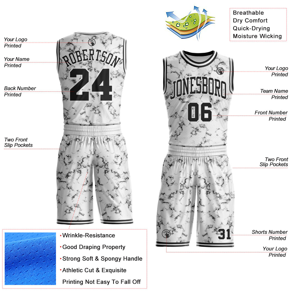 Custom White-Black Marble Swirl Round Neck Sublimation Basketball Uniform Jersey view 2