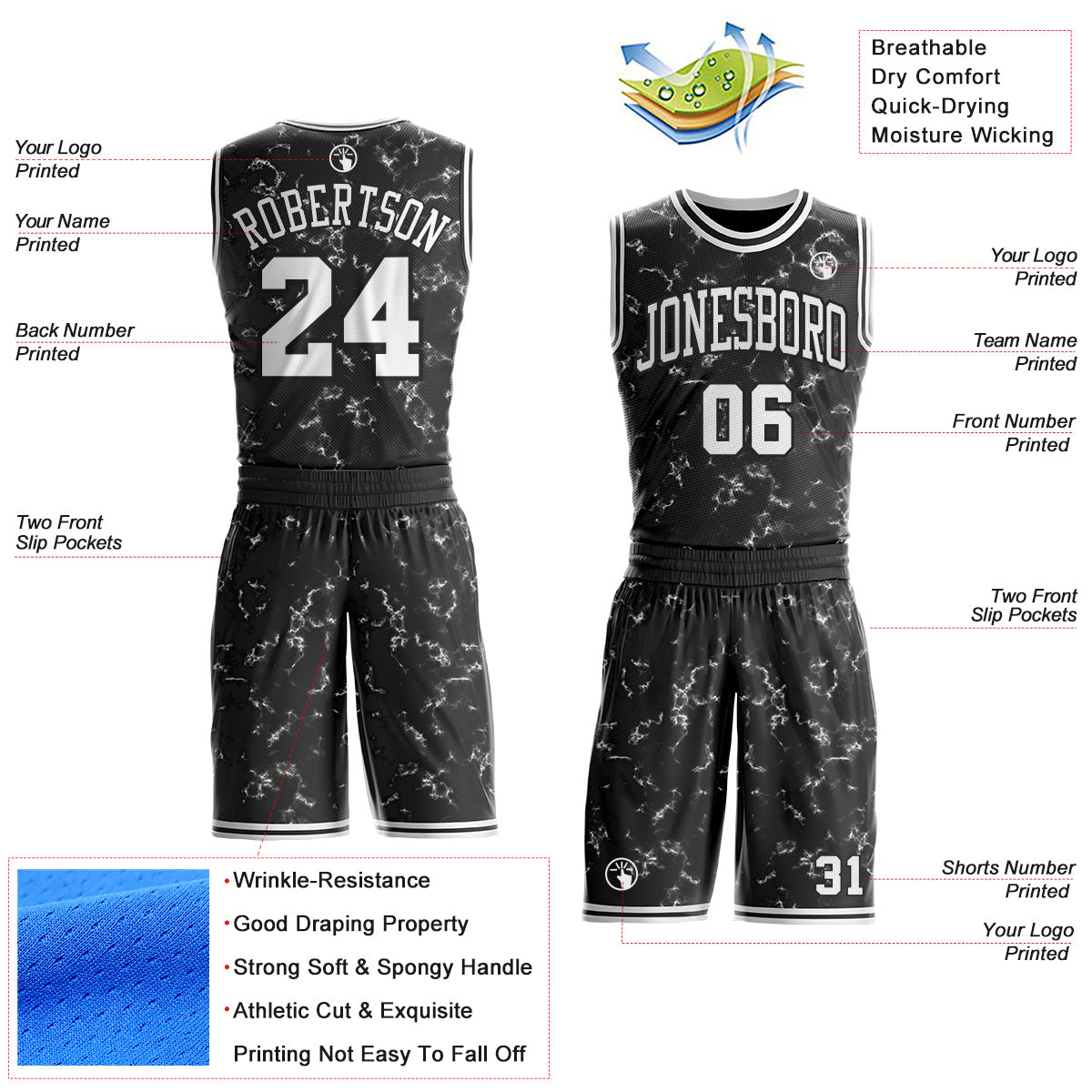 Custom Black-White Marble Swirl Round Neck Sublimation Basketball Uniform Jersey view 2
