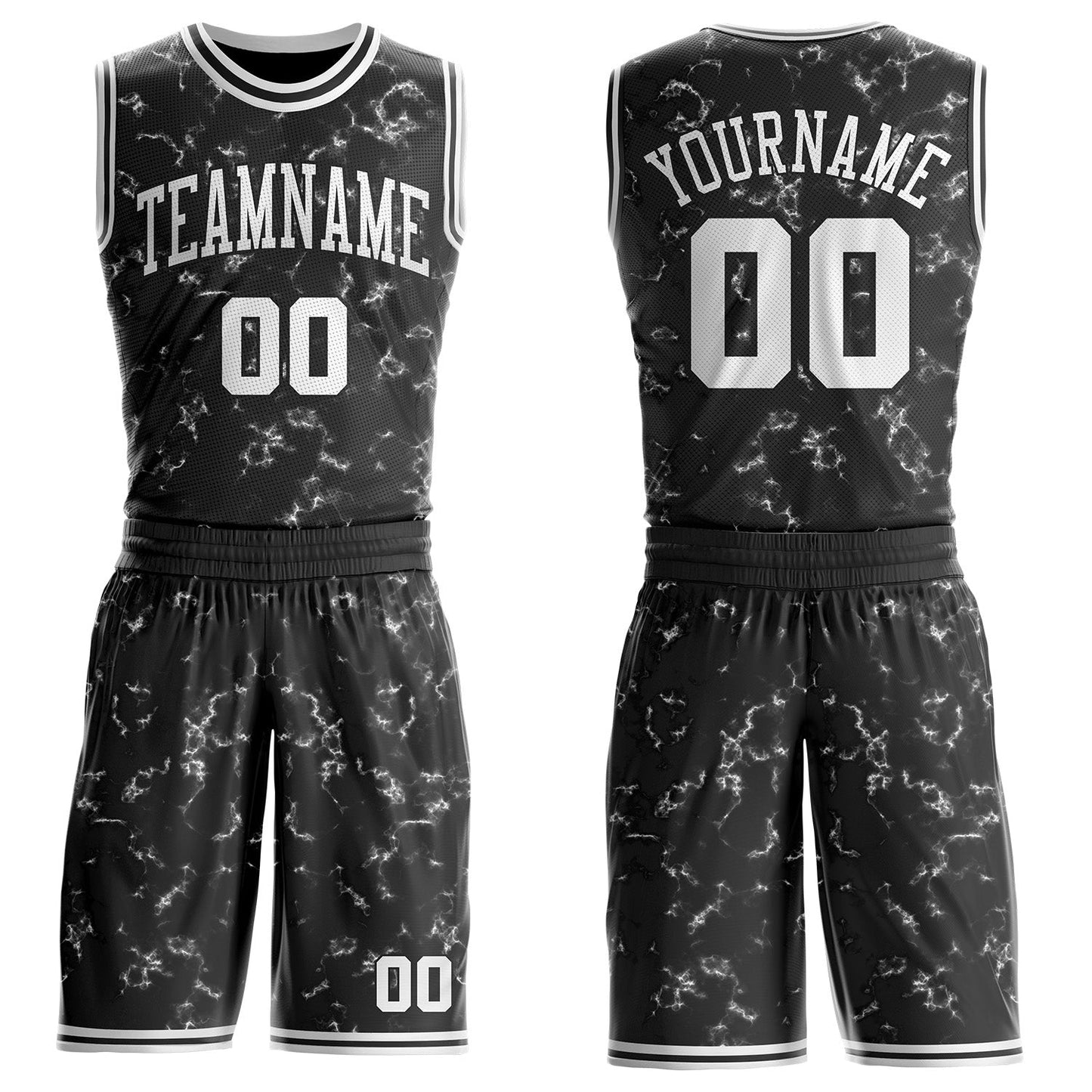 Custom Black-White Marble Swirl Round Neck Sublimation Basketball Uniform Jersey - Main View
