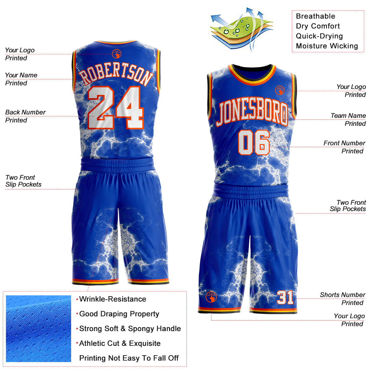 Custom Thunder Blue White Orange Black-Yellow Marble Swirl Round Neck Sublimation Basketball Uniform Jersey view 2