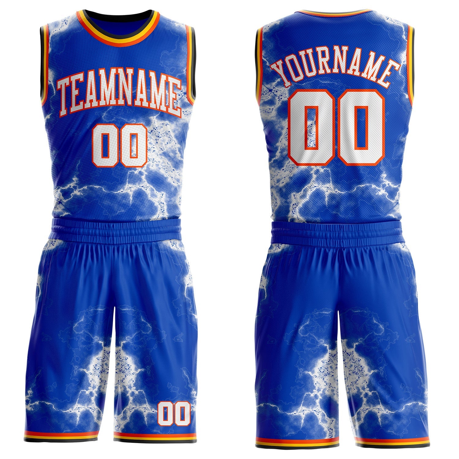 Custom Thunder Blue White Orange Black-Yellow Marble Swirl Round Neck Sublimation Basketball Uniform Jersey - Main View
