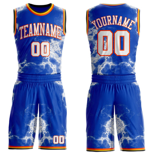 Custom Thunder Blue White Orange Black-Yellow Marble Swirl Round Neck Sublimation Basketball Uniform Jersey - Main View