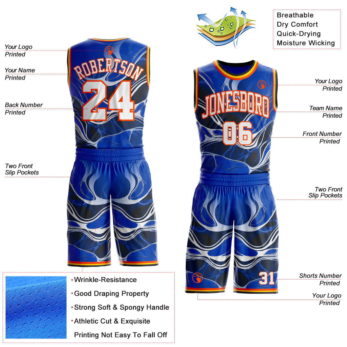 Custom Thunder Blue White Orange Black-Yellow Marble Swirl Round Neck Sublimation Basketball Uniform Jersey view 2