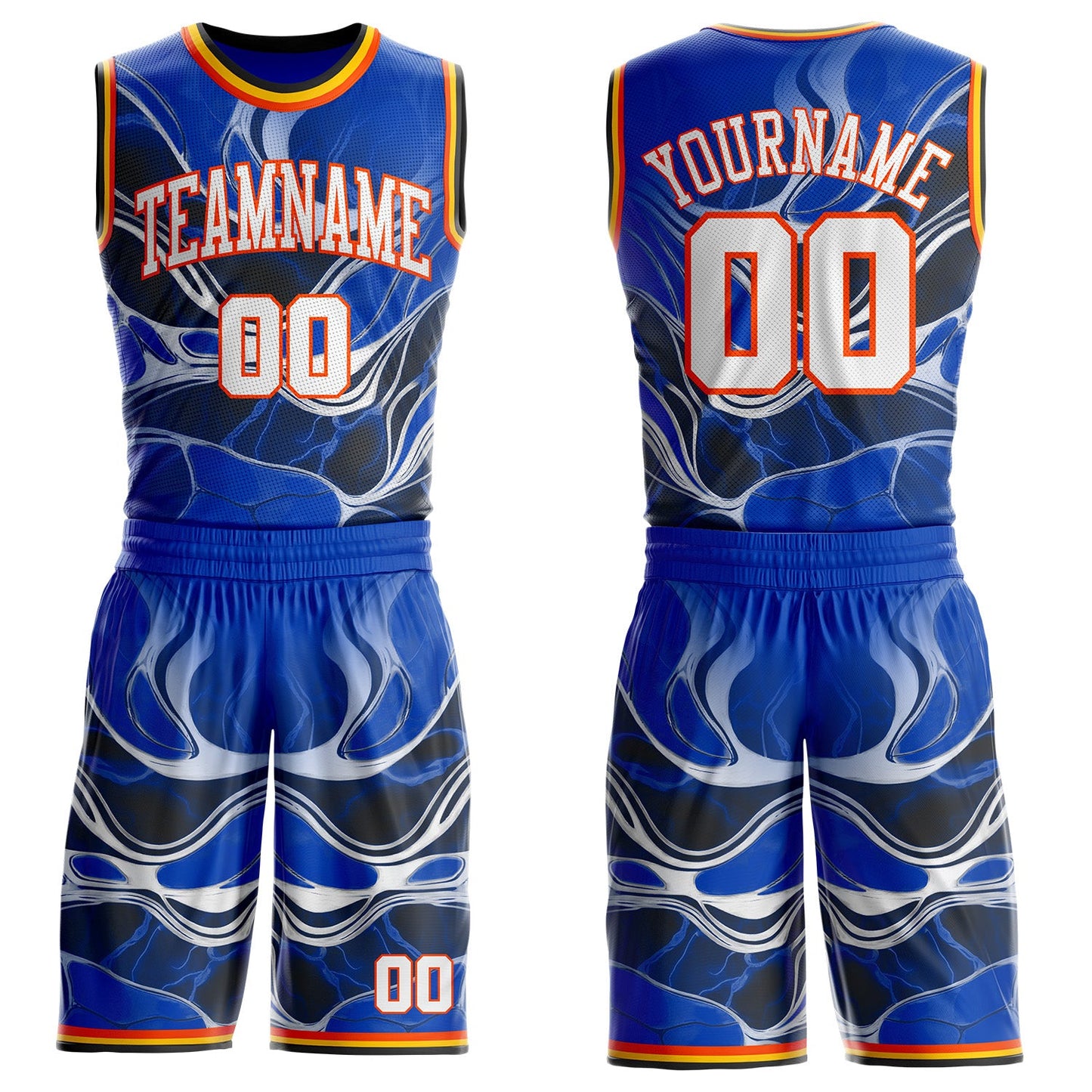 Custom Thunder Blue White Orange Black-Yellow Marble Swirl Round Neck Sublimation Basketball Uniform Jersey - Main View
