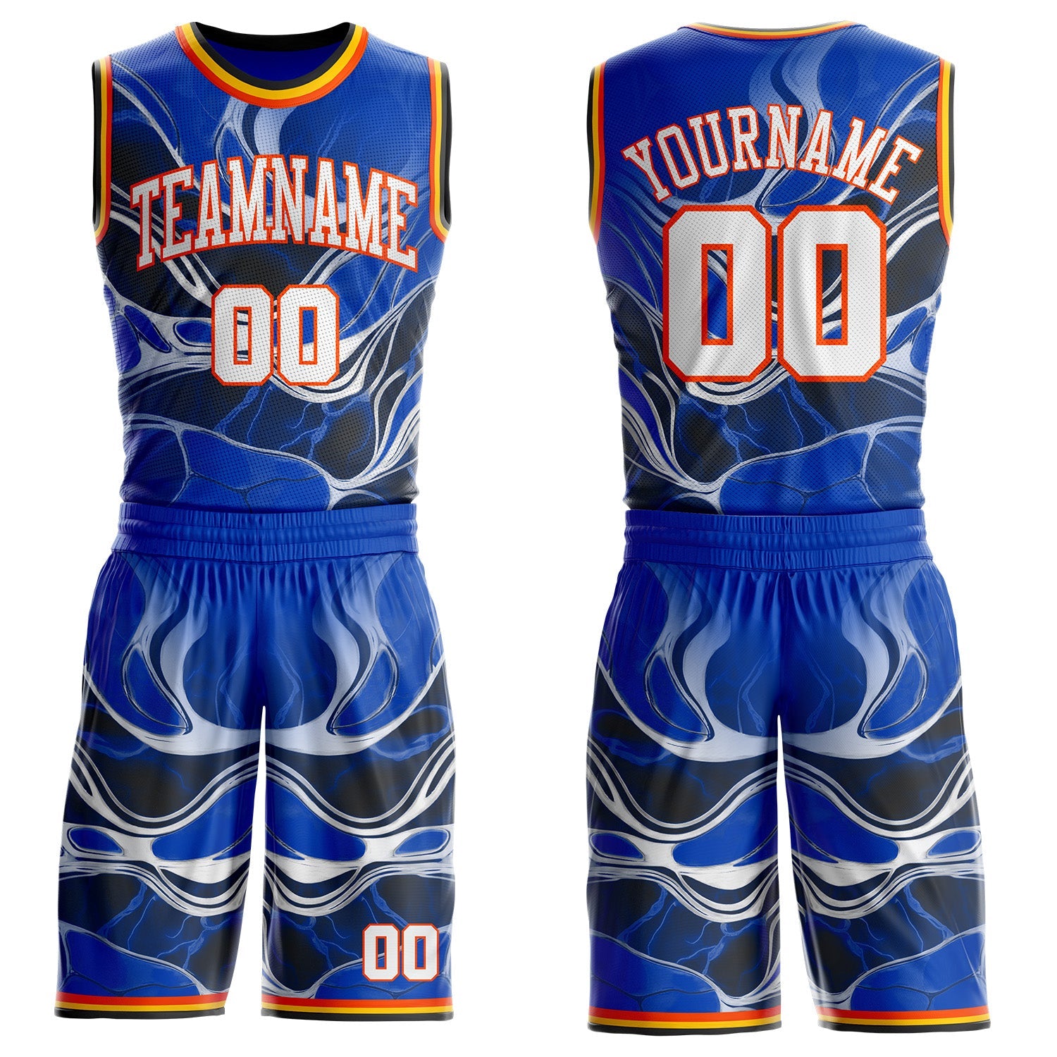 Custom Thunder Blue White Orange Black-Yellow Marble Swirl Round Neck Sublimation Basketball Uniform Jersey - Main View