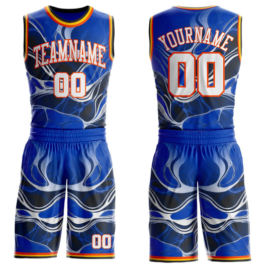Custom Thunder Blue White Orange Black-Yellow Marble Swirl Round Neck Sublimation Basketball Uniform Jersey - Main View