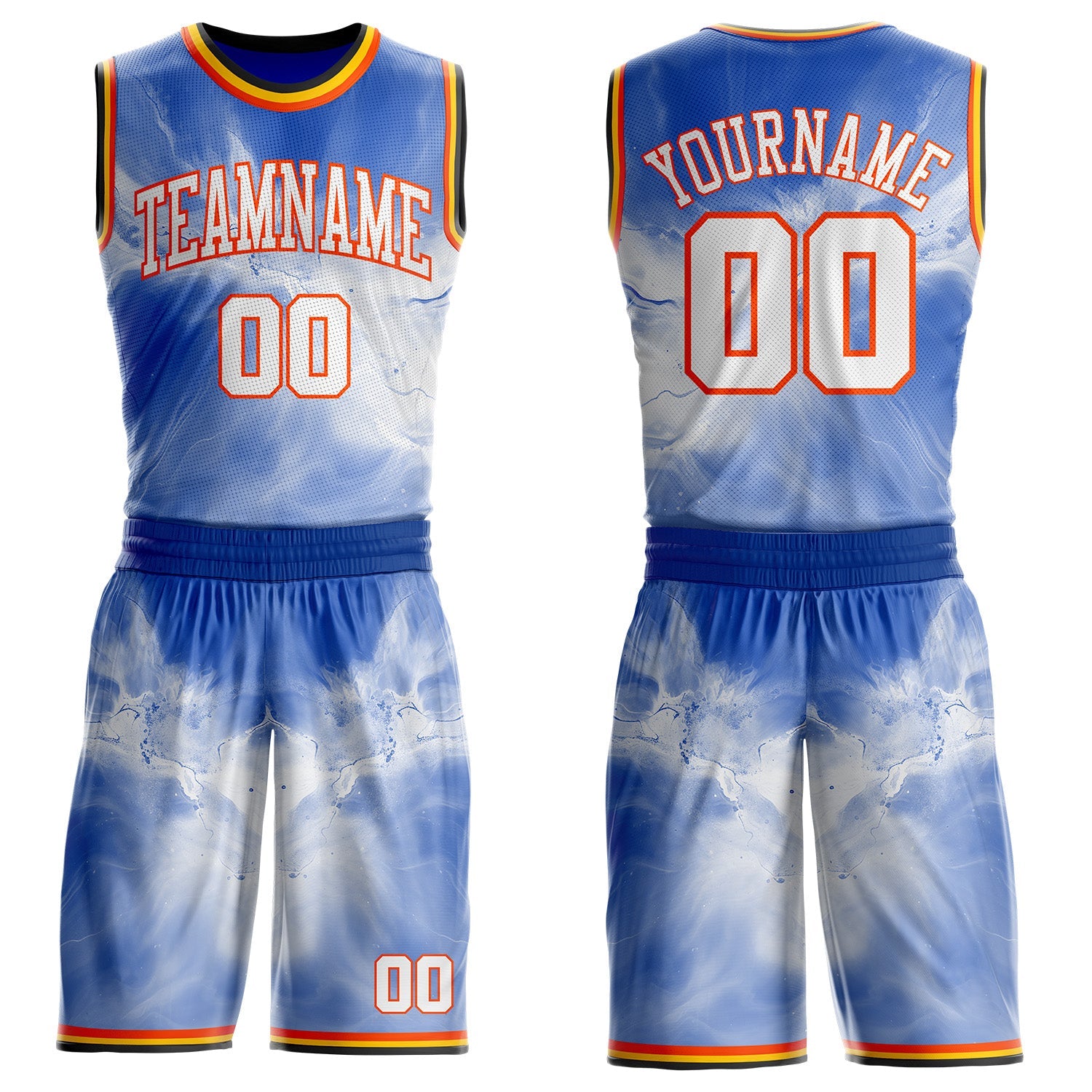 Custom Blue White Orange Black-Yellow Marble Swirl Round Neck Sublimation Basketball Uniform Jersey - Main View
