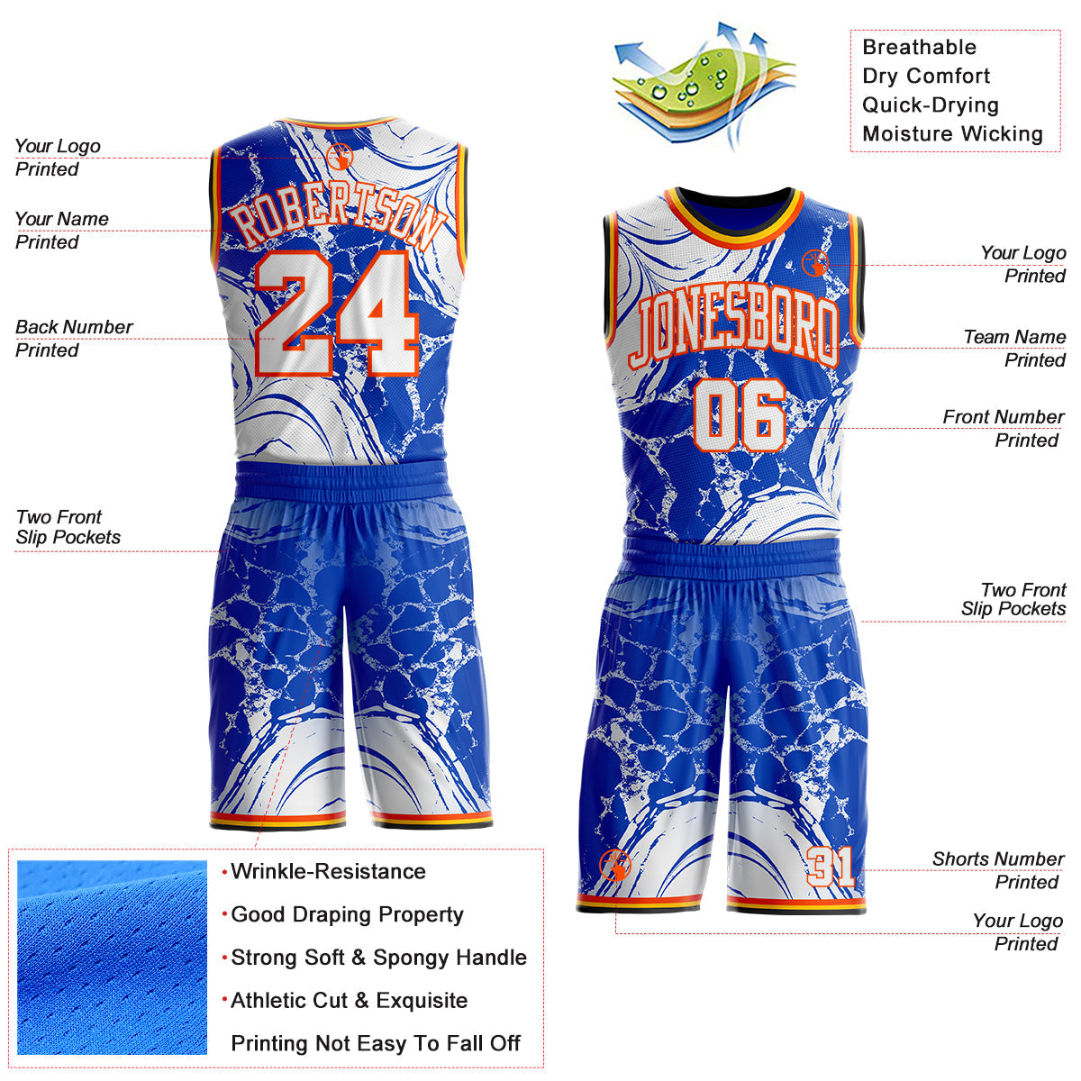 Custom Thunder Blue White Orange Black-Yellow Marble Swirl Round Neck Sublimation Basketball Uniform Jersey view 2