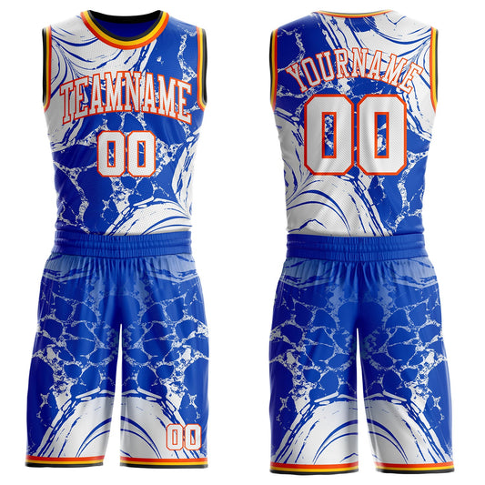 Custom Thunder Blue White Orange Black-Yellow Marble Swirl Round Neck Sublimation Basketball Uniform Jersey - Main View