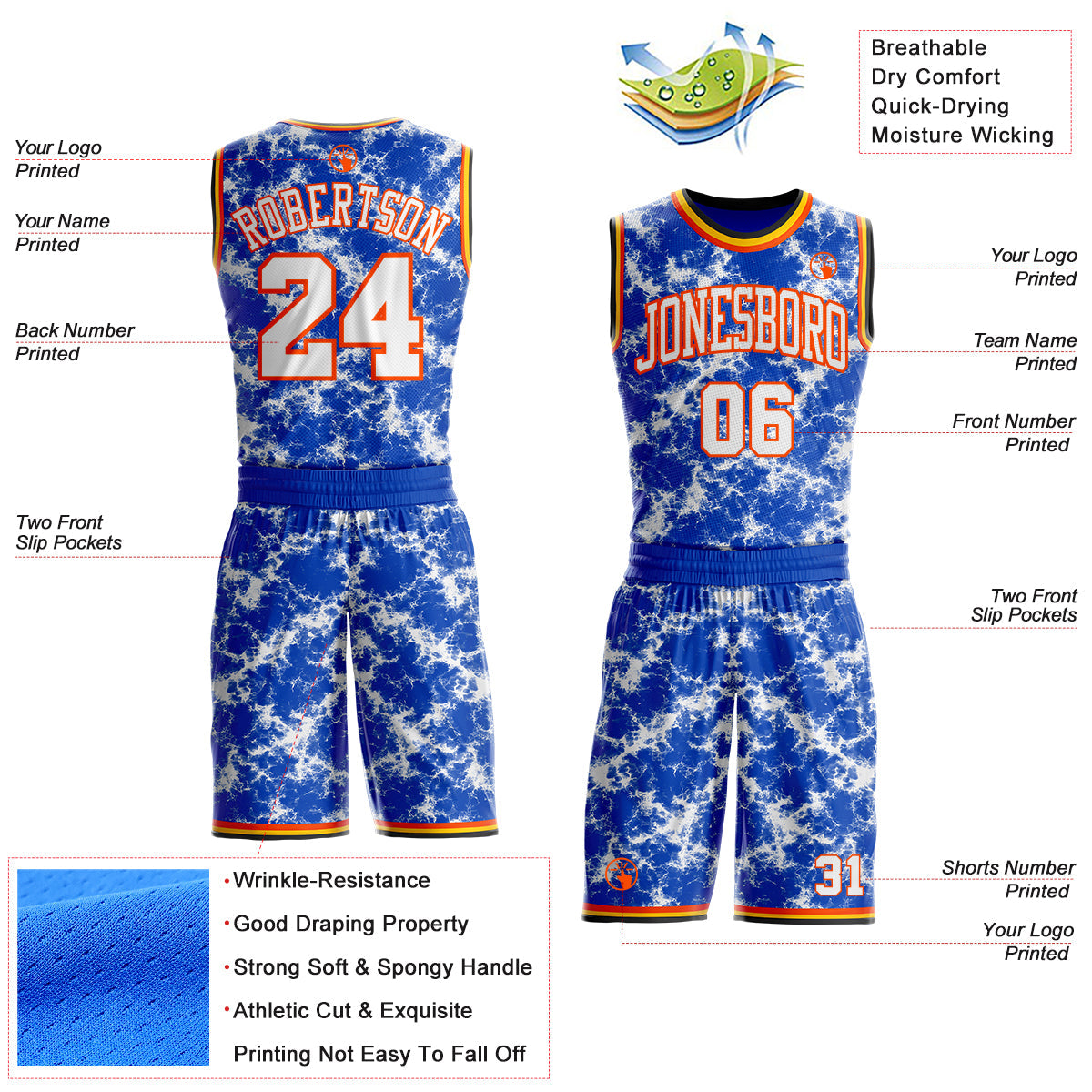 Custom Thunder Blue White Orange Black-Yellow Marble Swirl Round Neck Sublimation Basketball Uniform Jersey view 2