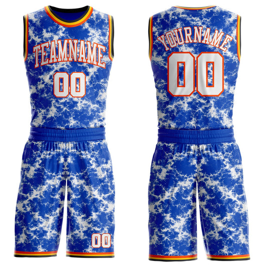 Custom Thunder Blue White Orange Black-Yellow Marble Swirl Round Neck Sublimation Basketball Uniform Jersey - Main View