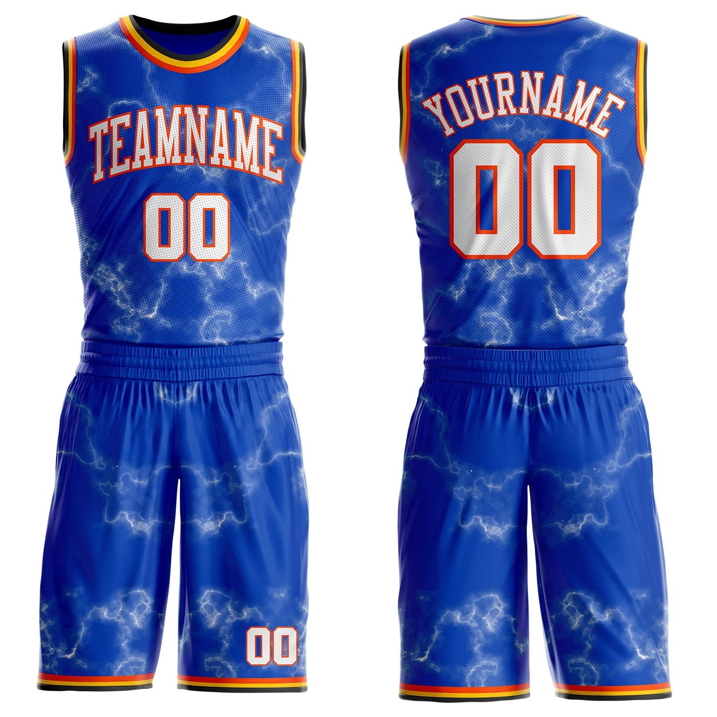 Custom Thunder Blue White Orange Black-Yellow Marble Swirl Round Neck Sublimation Basketball Uniform Jersey - Main View