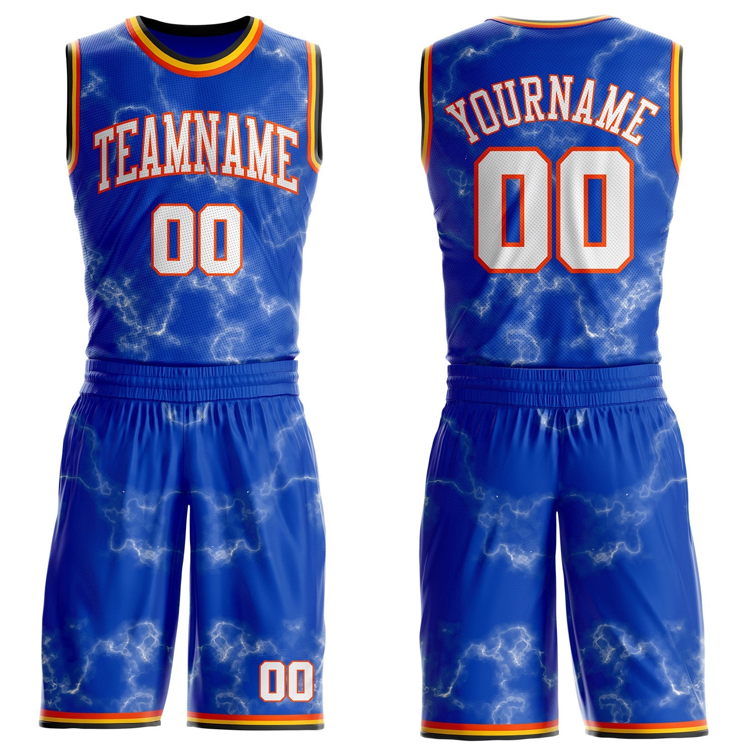 Custom Thunder Blue White Orange Black-Yellow Marble Swirl Round Neck Sublimation Basketball Uniform Jersey - Main View