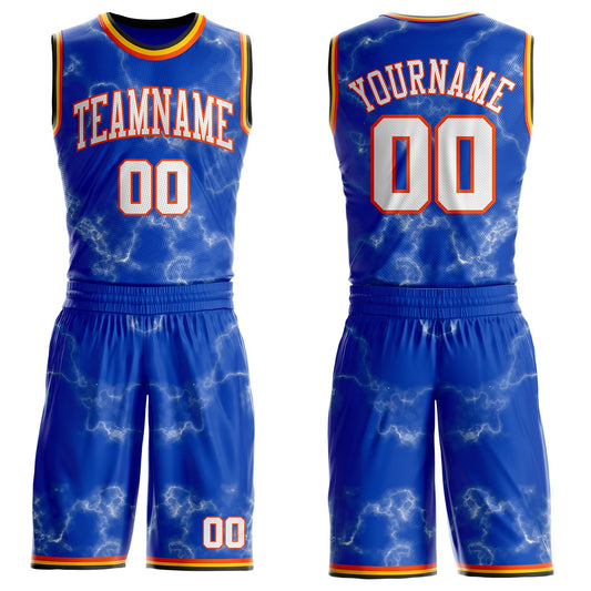Custom Thunder Blue White Orange Black-Yellow Marble Swirl Round Neck Sublimation Basketball Uniform Jersey - Main View