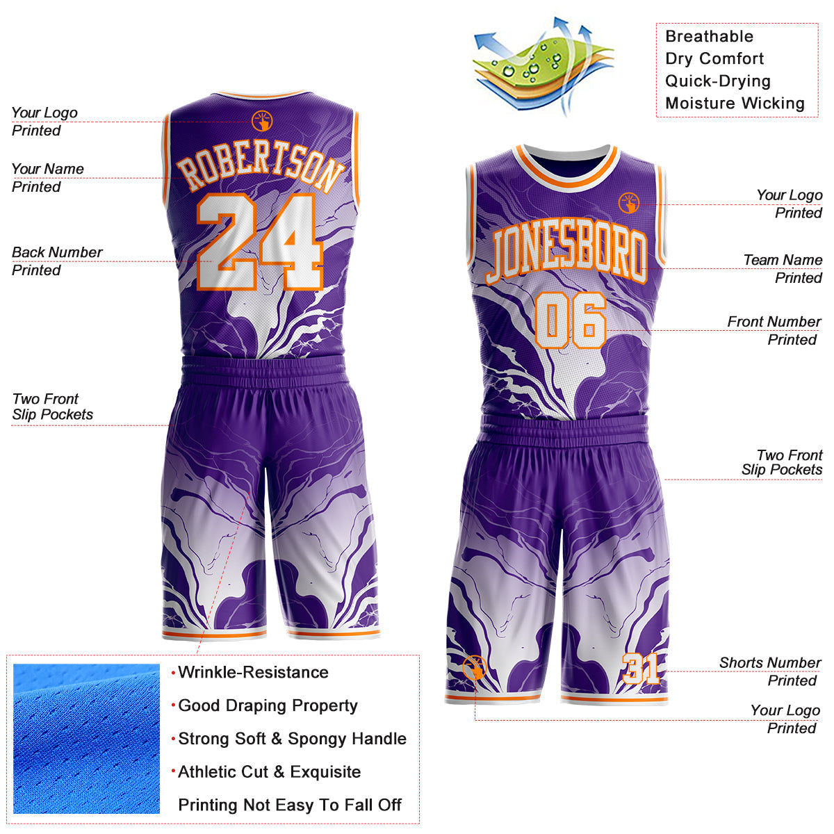 Custom Purple White-Bay Orange Marble Swirl Liquid Fluid Round Neck Sublimation Basketball Uniform Jersey view 2