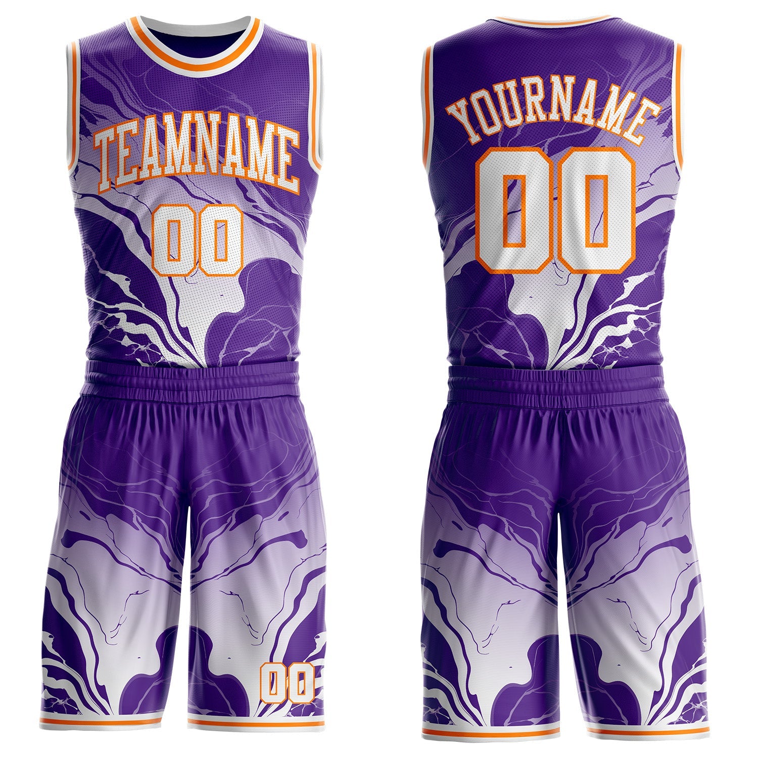 Custom Purple White-Bay Orange Marble Swirl Liquid Fluid Round Neck Sublimation Basketball Uniform Jersey - Main View