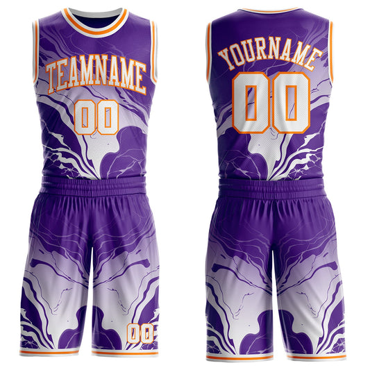 Custom Purple White-Bay Orange Marble Swirl Liquid Fluid Round Neck Sublimation Basketball Uniform Jersey - Main View