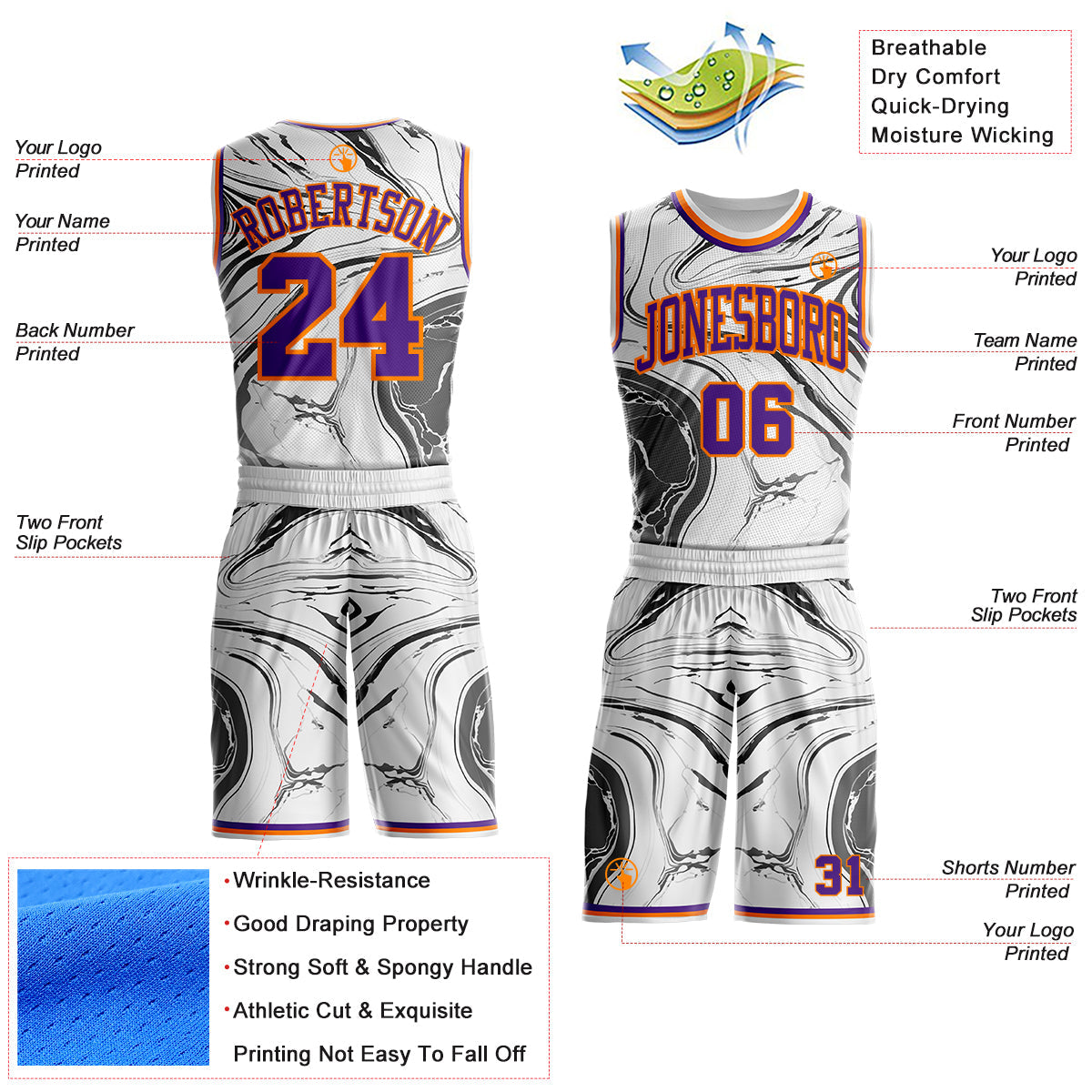 Custom White Purple Gray-Bay Orange Marble Swirl Liquid Fluid Round Neck Sublimation Basketball Uniform Jersey view 2