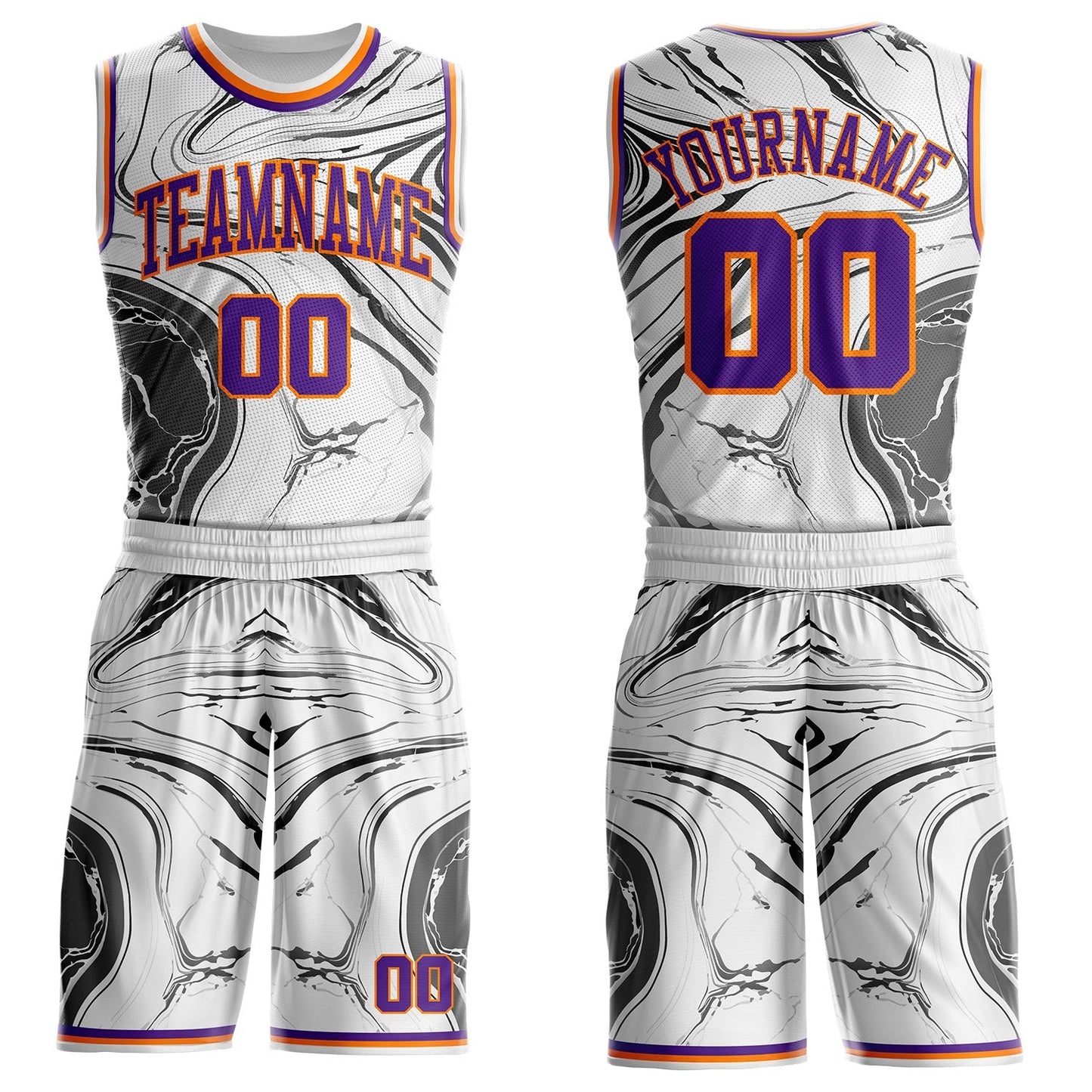 Custom White Purple Gray-Bay Orange Marble Swirl Liquid Fluid Round Neck Sublimation Basketball Uniform Jersey - Main View