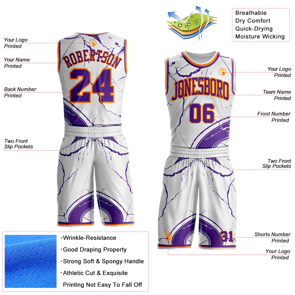 Custom White Purple-Bay Orange Marble Swirl Liquid Fluid Round Neck Sublimation Basketball Uniform Jersey view 2