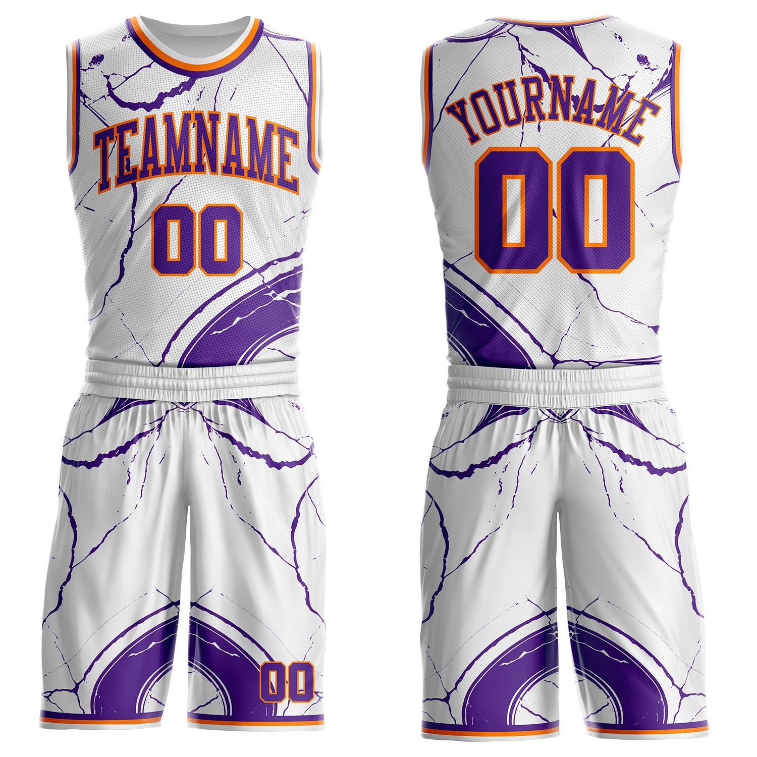 Custom White Purple-Bay Orange Marble Swirl Liquid Fluid Round Neck Sublimation Basketball Uniform Jersey - Main View