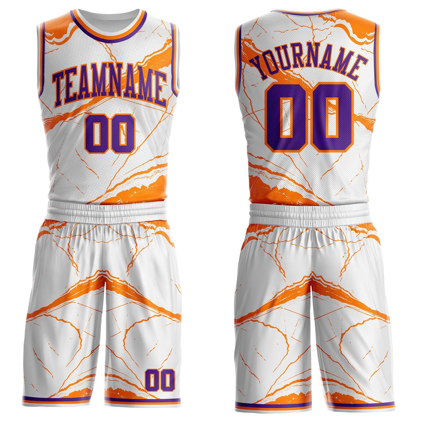 Custom White Purple-Bay Orange Marble Swirl Liquid Fluid Round Neck Sublimation Basketball Uniform Jersey - Main View
