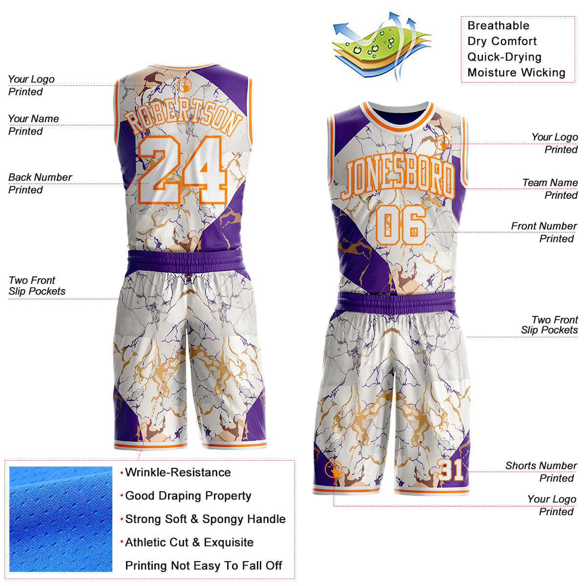 Custom White Purple-Bay Orange Marble Swirl Liquid Fluid Round Neck Sublimation Basketball Uniform Jersey view 2
