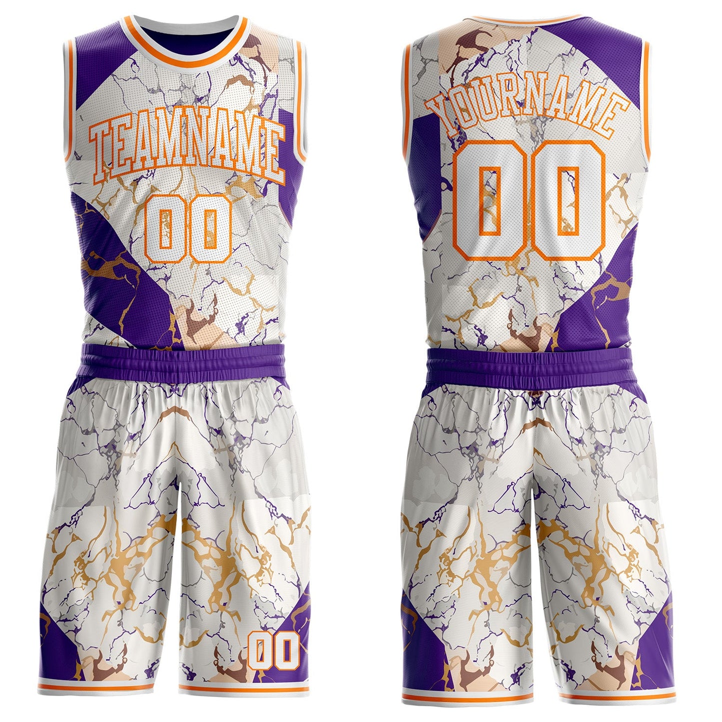 Custom White Purple-Bay Orange Marble Swirl Liquid Fluid Round Neck Sublimation Basketball Uniform Jersey - Main View