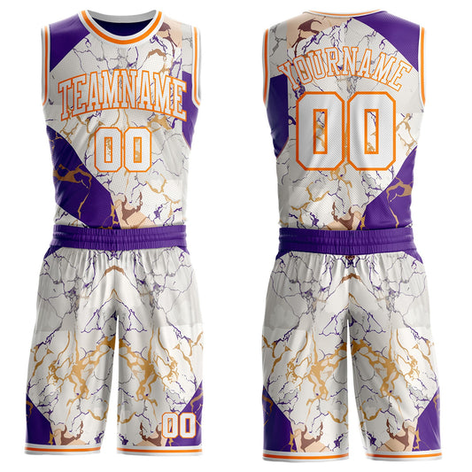 Custom White Purple-Bay Orange Marble Swirl Liquid Fluid Round Neck Sublimation Basketball Uniform Jersey - Main View