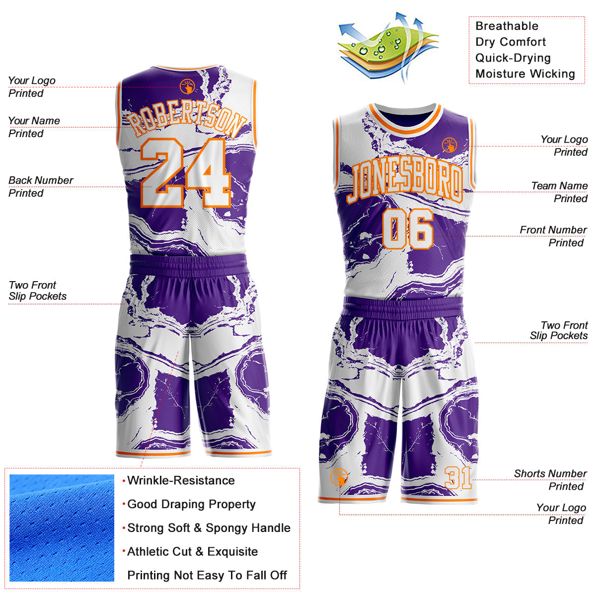 Custom White Purple-Bay Orange Marble Swirl Liquid Fluid Round Neck Sublimation Basketball Uniform Jersey view 2