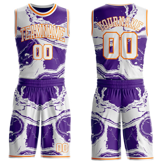 Custom White Purple-Bay Orange Marble Swirl Liquid Fluid Round Neck Sublimation Basketball Uniform Jersey - Main View