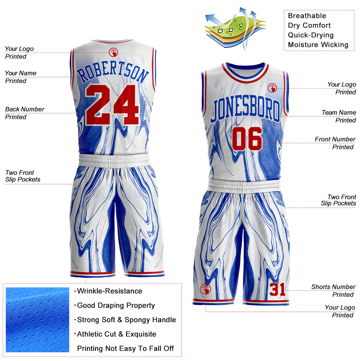 Custom White Red-Thunder Blue Marble Swirl Liquid Fluid Round Neck Sublimation Basketball Uniform Jersey view 2