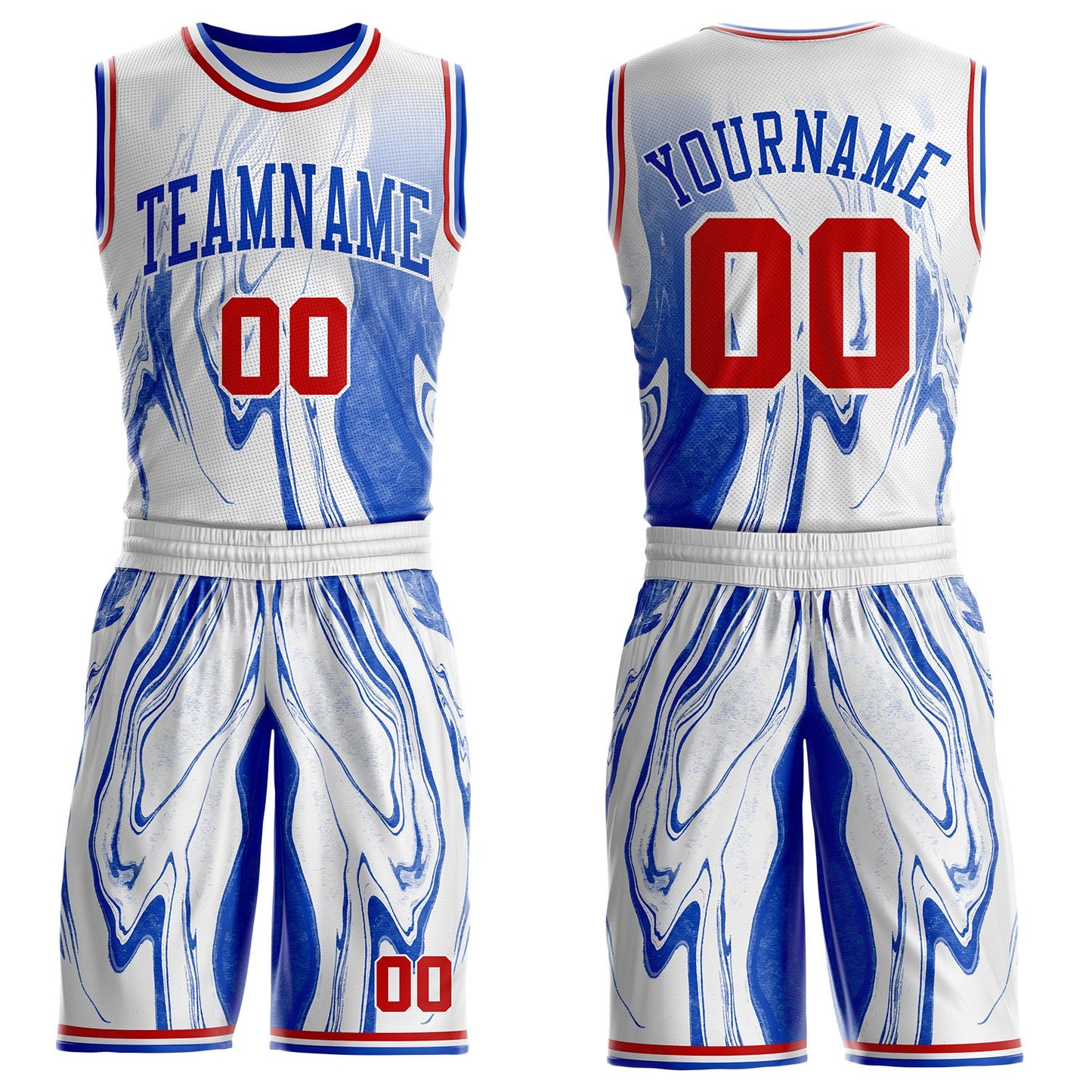 Custom White Red-Thunder Blue Marble Swirl Liquid Fluid Round Neck Sublimation Basketball Uniform Jersey - Main View