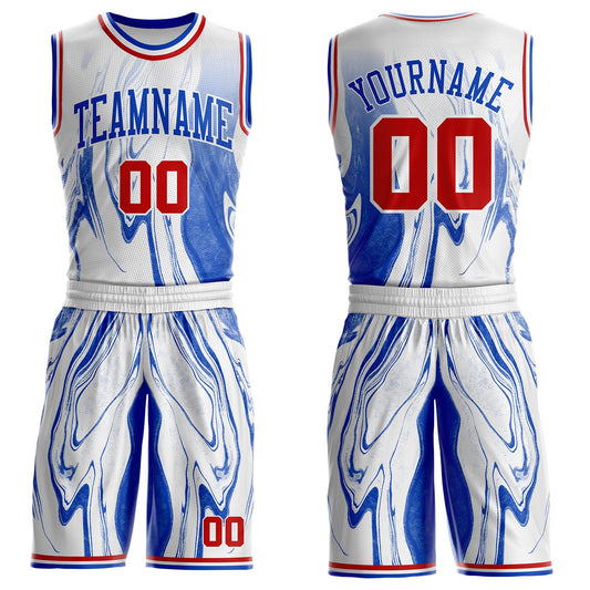 Custom White Red-Thunder Blue Marble Swirl Liquid Fluid Round Neck Sublimation Basketball Uniform Jersey - Main View