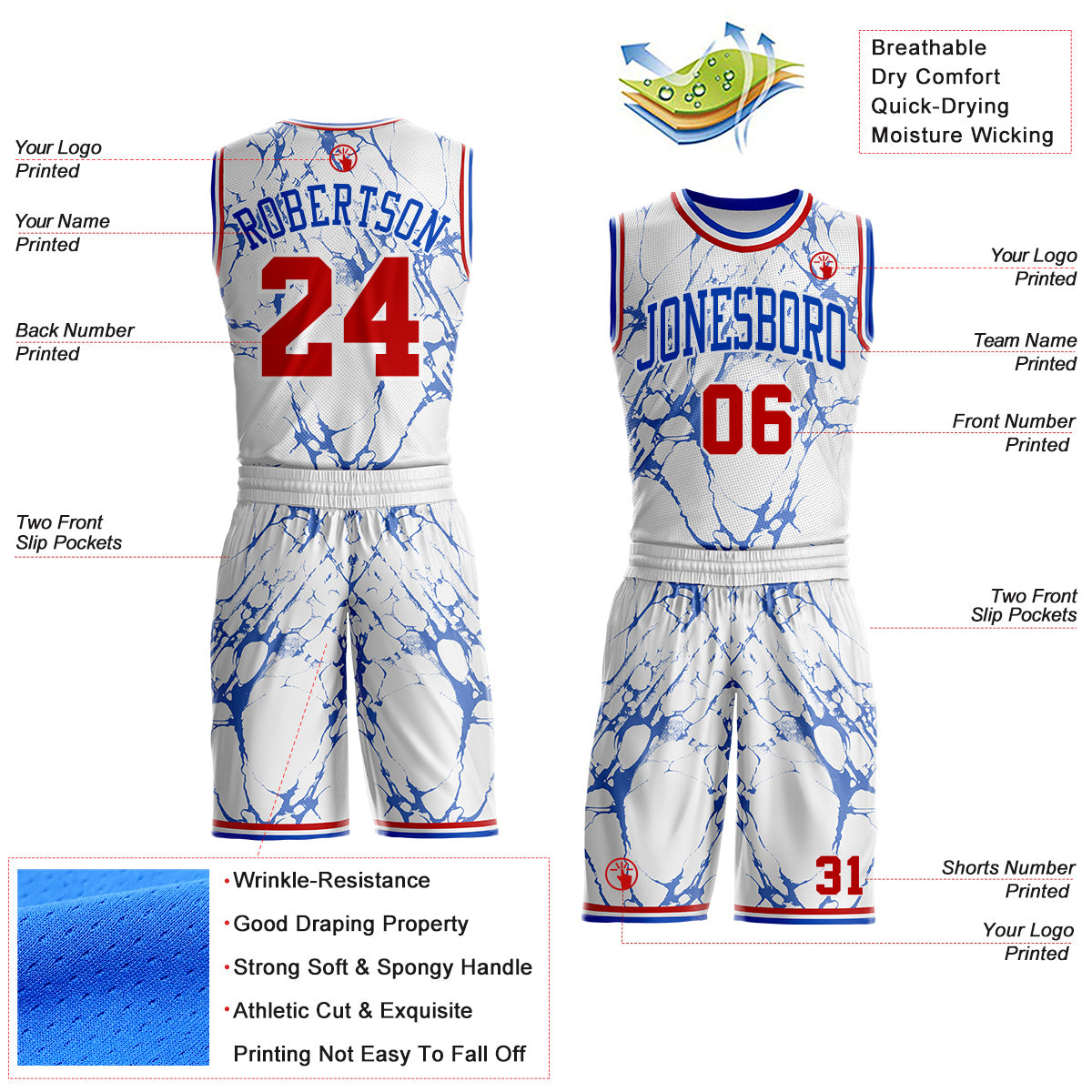 Custom White Red-Thunder Blue Marble Swirl Round Neck Sublimation Basketball Uniform Jersey view 2