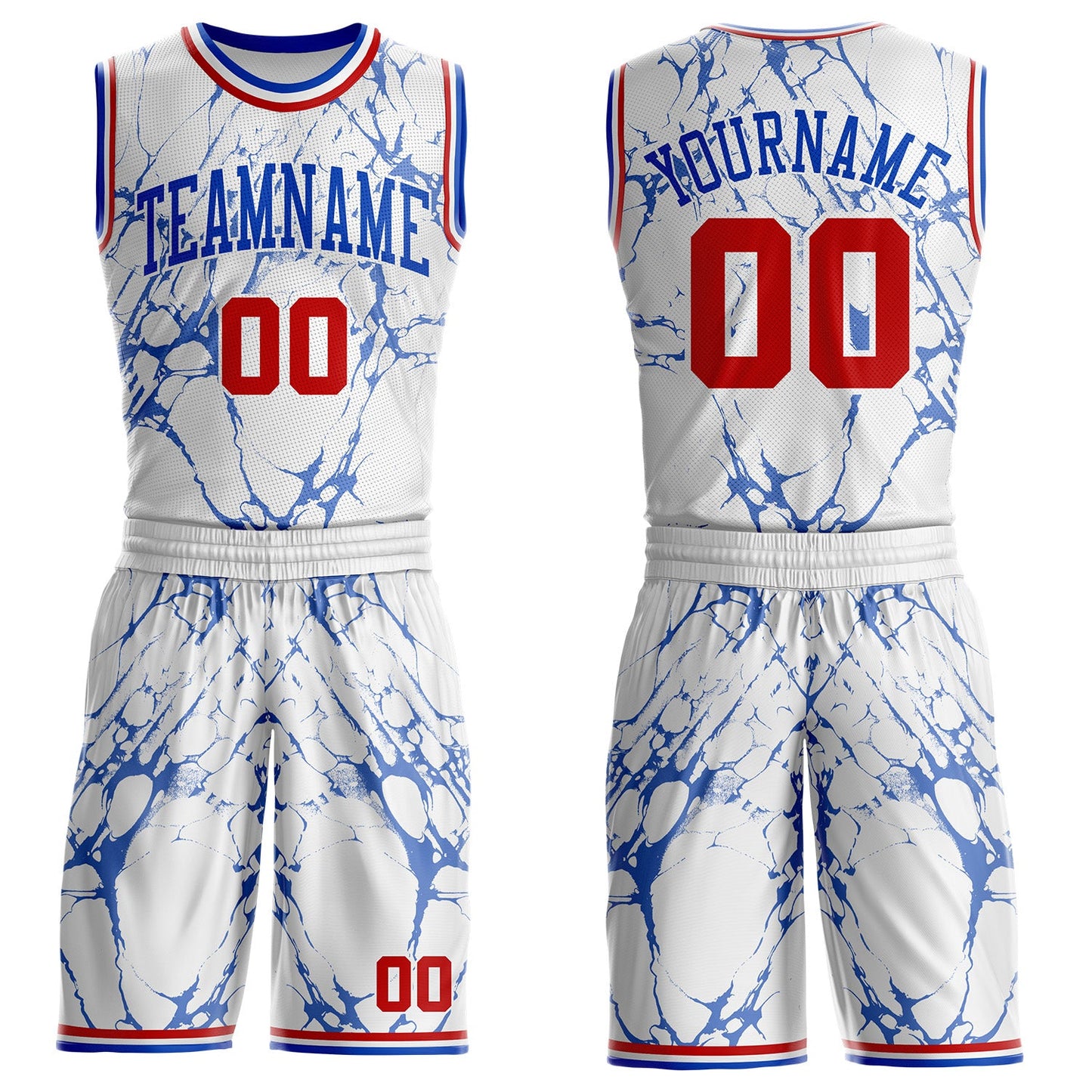 Custom White Red-Thunder Blue Marble Swirl Round Neck Sublimation Basketball Uniform Jersey - Main View