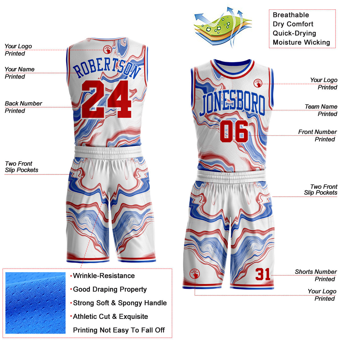 Custom White Red-Thunder Blue Marble Swirl Round Neck Sublimation Basketball Uniform Jersey view 2