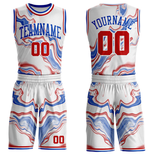 Custom White Red-Thunder Blue Marble Swirl Round Neck Sublimation Basketball Uniform Jersey - Main View