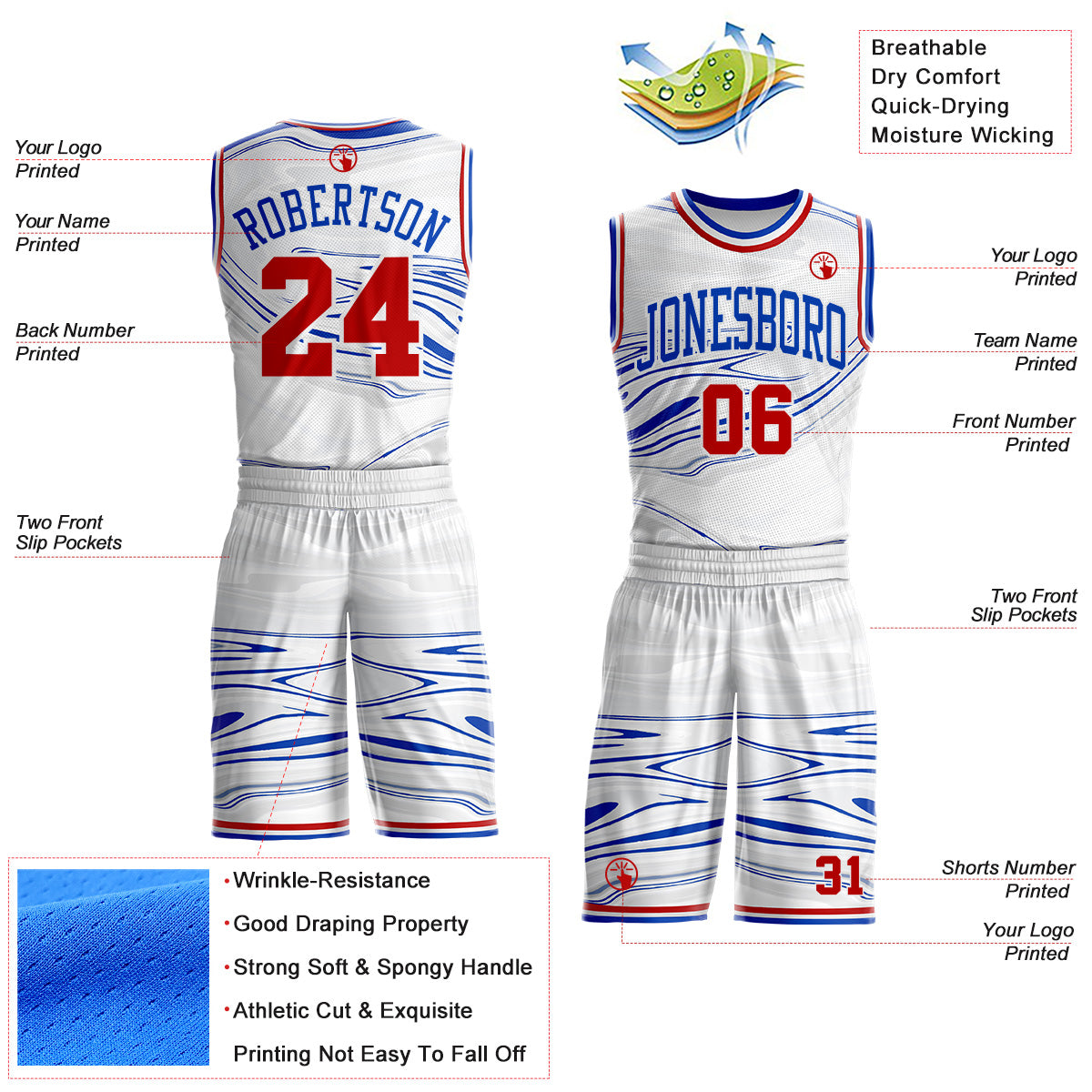 Custom White Red-Thunder Blue Marble Swirl Liquid Fluid Round Neck Sublimation Basketball Uniform Jersey view 2