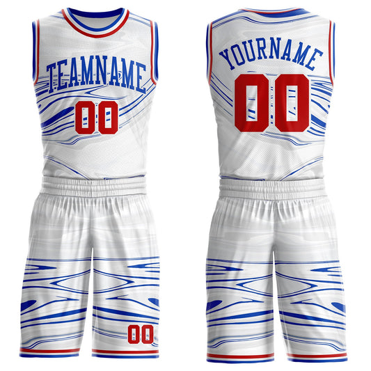 Custom White Red-Thunder Blue Marble Swirl Liquid Fluid Round Neck Sublimation Basketball Uniform Jersey - Main View